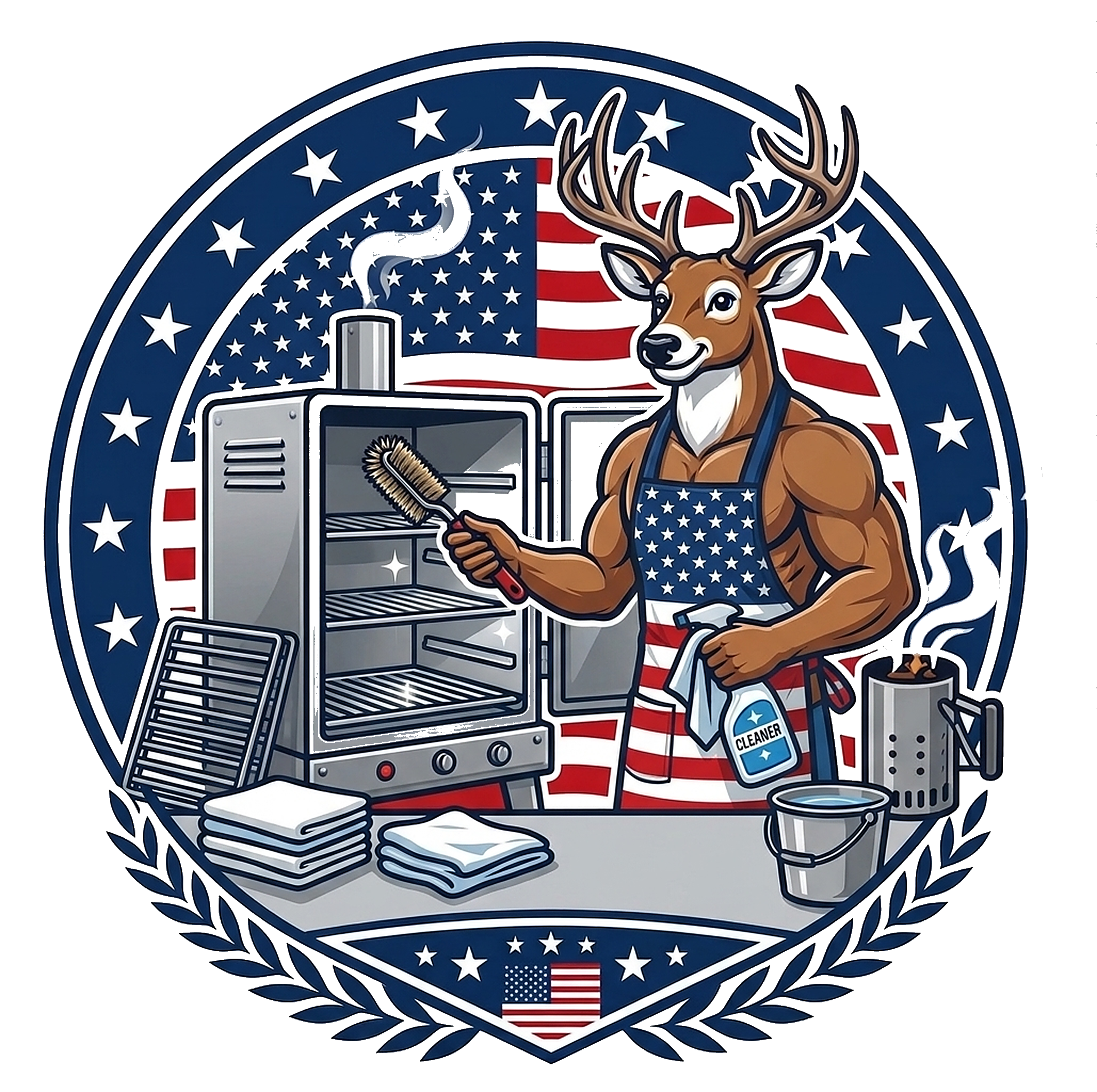 Patriotic buck in a USA apron scrubbing the racks of a vertical smoker — Grills Griddles Smokers smoker-care badge